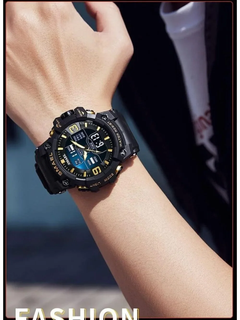 Men Black Gold Analog Quartz S-Shock Waterproof Outdoor Sports LED Digital Watch